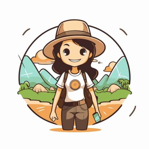 Illustration of a cute girl in a safari hat holding a map