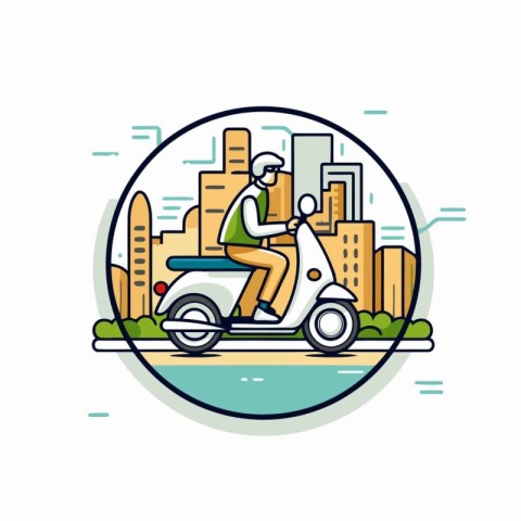 Man riding scooter in the city. Flat style vector illustration.