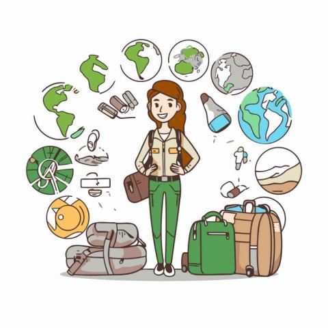 Traveler woman with backpack and map. Vector illustration in car