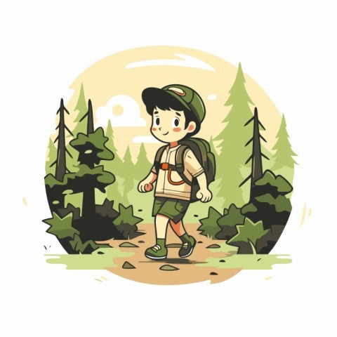 Boy hiking in forest. Vector illustration of a boy with backpack