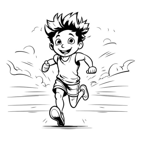 Running boy. black and white vector illustration of a child runn