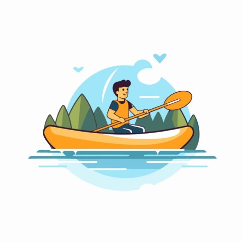 Man in a kayak on the river. Flat style vector illustration.