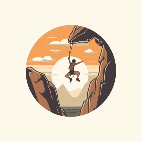 Rock climber climbing on a cliff. Vector illustration in retro s