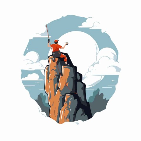 Man climbing on the top of a mountain. Vector illustration in fl