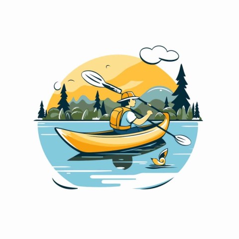 Kayaking on the lake. Vector illustration in a flat style.