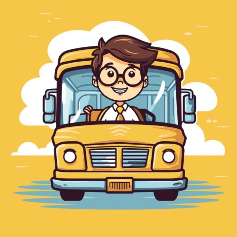 Cute schoolboy in a bus. Vector illustration in cartoon style