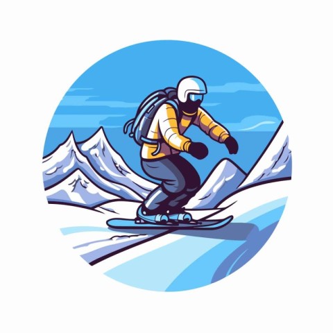 Snowboarder on the mountain slope. Vector illustration in retro