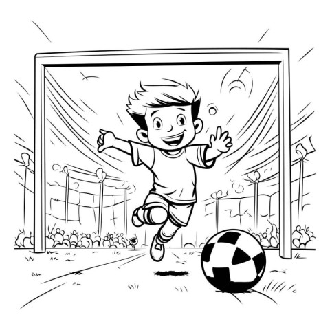 Boy playing soccer in the stadium. Vector illustration for your