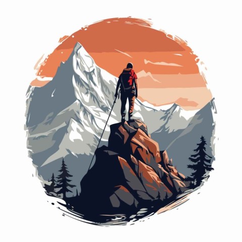 Hiker on top of a mountain. Vector illustration in retro style.