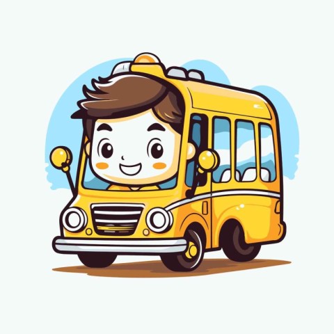 Cute schoolboy on yellow bus. Vector illustration. Cartoon style