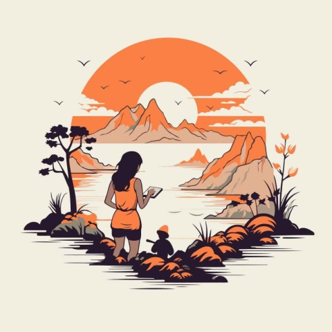 Beautiful landscape with a woman and a child. Vector illustratio