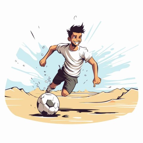 Soccer player kicking the ball on the beach. Vector illustration