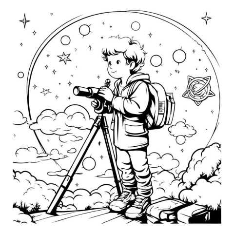 Vector illustration of a boy with a telescope on the background