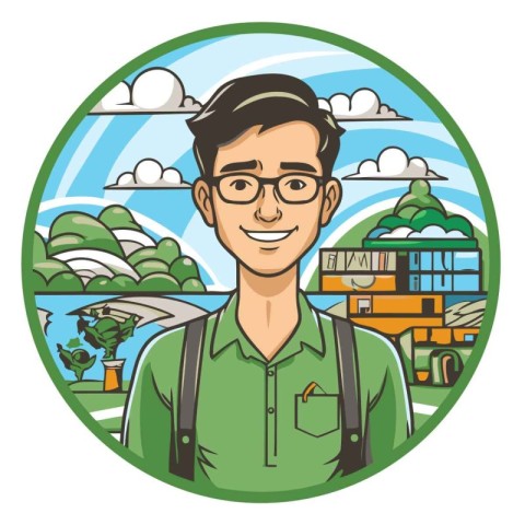 Handsome smiling man in front of school bus. Vector illustration