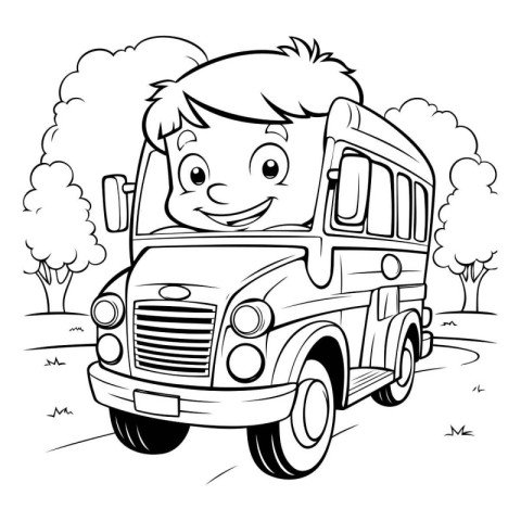 Black and White Cartoon Illustration of Kid Boy Driving School B