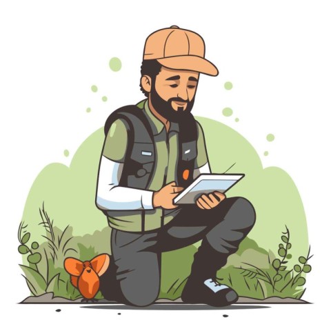 Hiker with tablet. Vector illustration in cartoon style on white