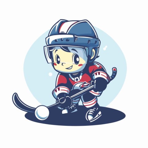 Cute cartoon hockey player with stick and puck. Vector illustrat