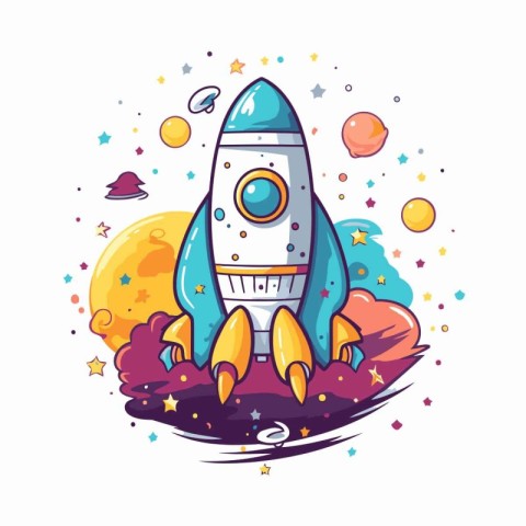 Space rocket with planets and stars. Vector illustration in cart