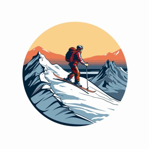 Mountain skier with snowboard on the top of a mountain. Vector i