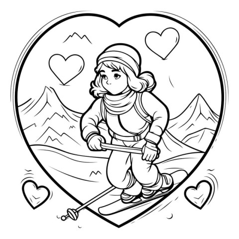 Black and White Cartoon Illustration of Girl Skiing in Heart Sha