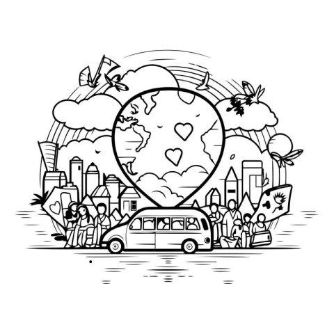 Traveling around the world by car. Line art vector illustration.