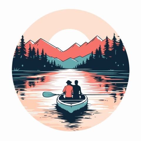 Couple in a canoe on the lake. Vector illustration in retro styl