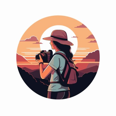 Traveler woman with backpack and camera in the mountains. Vector