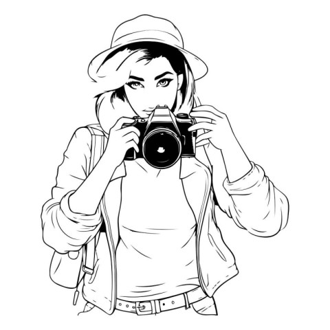 Hipster girl with a camera. Vector illustration in sketch style.