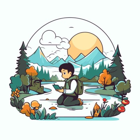 Vector illustration of a boy with a backpack sitting on the bank