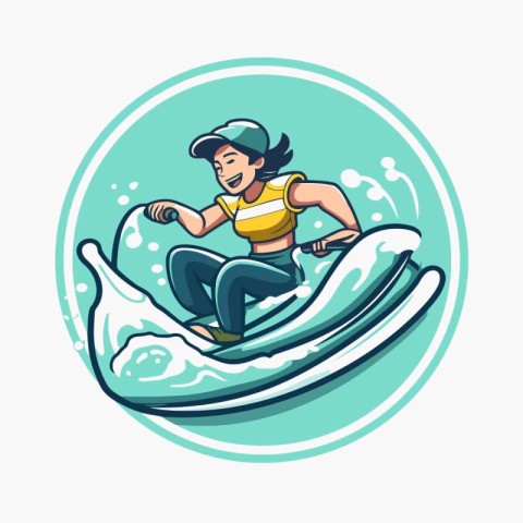 Surfer man riding on surfboard. Vector illustration in cartoon s