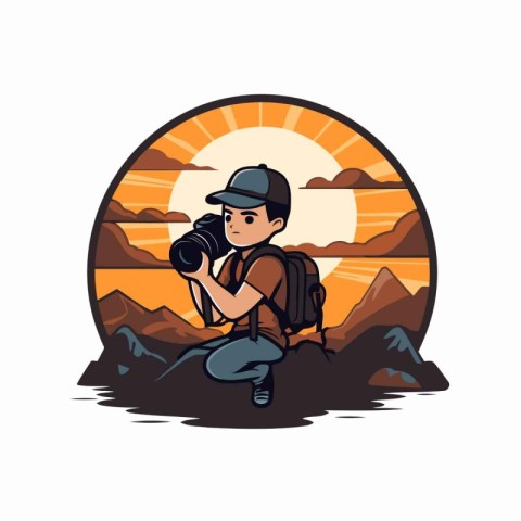 Photographer with camera in the mountains. Vector illustration o