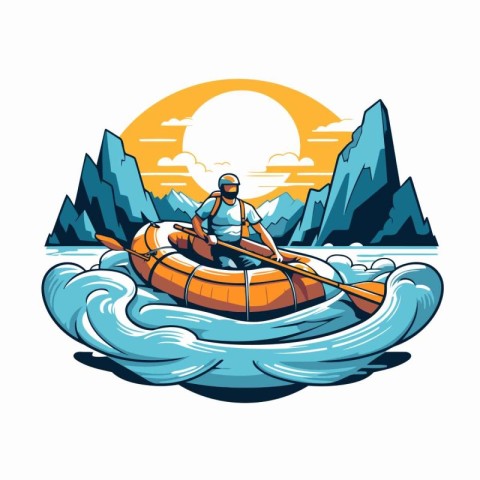 Man in a kayak on the background of mountains. Vector illustrati