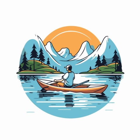 Man in a canoe paddling on the lake. Vector illustration.