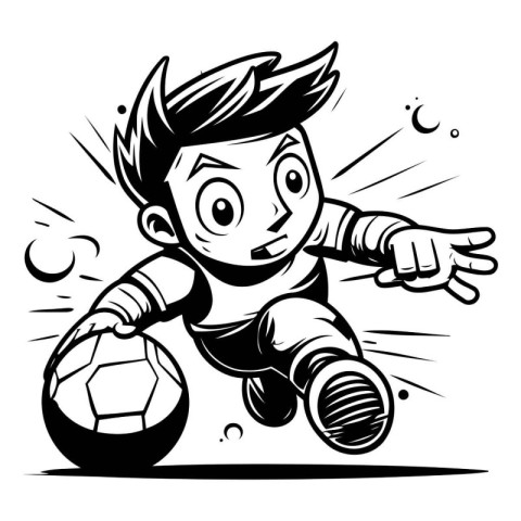 Soccer Player with Ball - Black and White Cartoon Illustration.