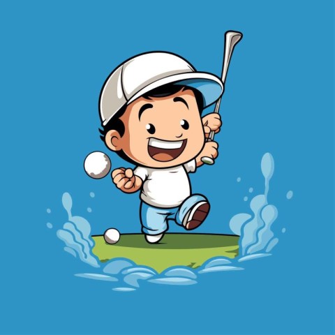 Cartoon golfer playing golf. Vector illustration on blue backgro