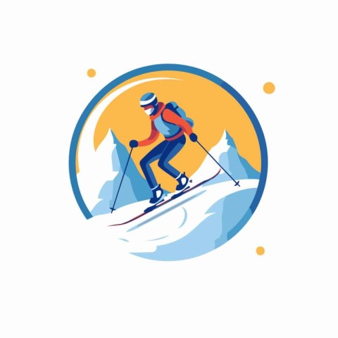 Skier vector logo. Flat illustration of skier on ski slope.