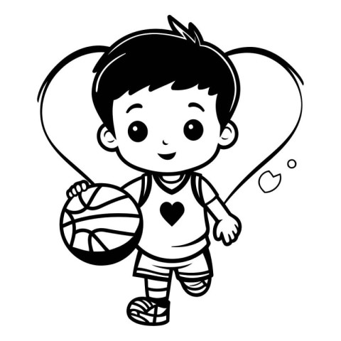 cute little boy with basketball ball and heart vector illustrati