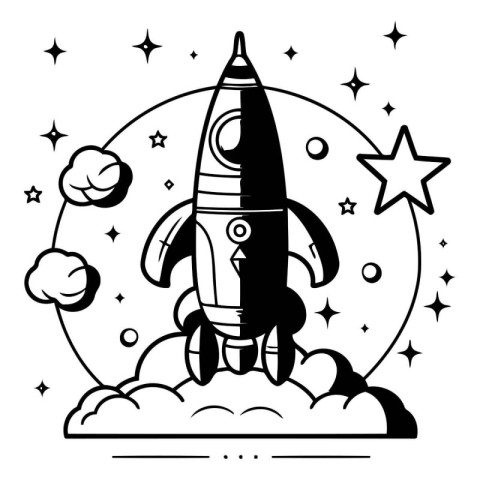 Space rocket with clouds and stars. Vector illustration in black