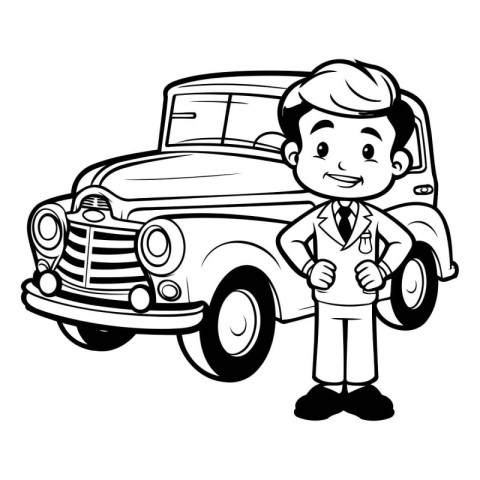 Cartoon Businessman with Retro Car - Black and White Vector Illu