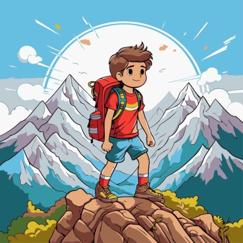 Vector illustration of a boy hiking in the mountains. Cartoon st