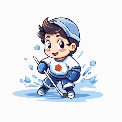 Cute little boy playing ice hockey. Vector illustration on a whi