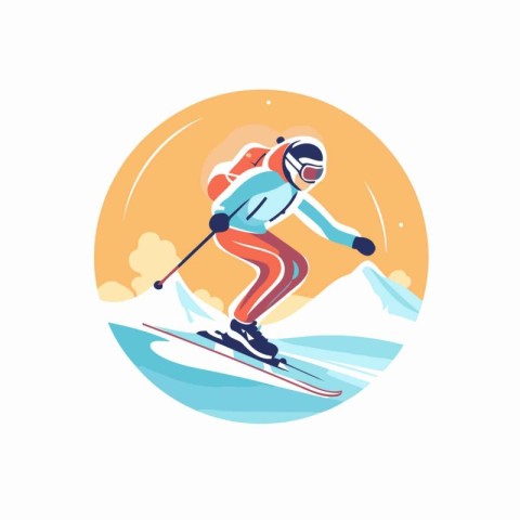 Vector illustration of skier in helmet and goggles skiing downhi