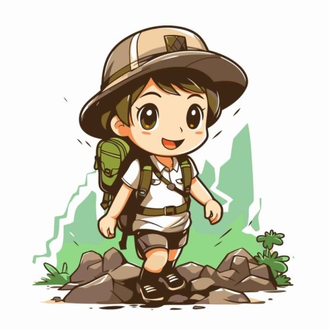 Boy scout with backpack and hat hiking in the mountains. Vector