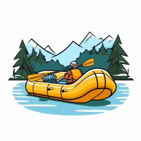 Illustration of a man kayaking in the mountains. Vector illustra