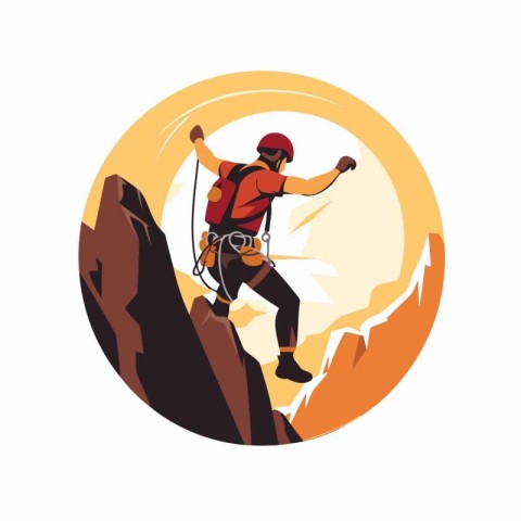 Climber in helmet and harness climbing on the mountain. Vector i