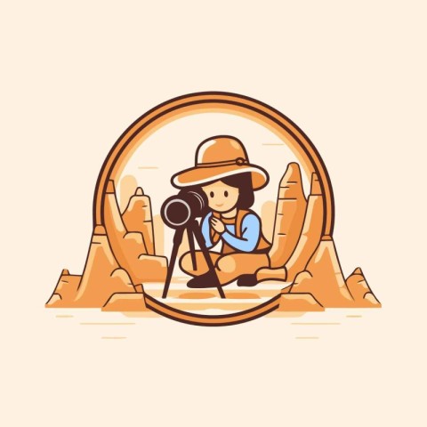 Vector illustration of a girl in a hat and with a camera on the