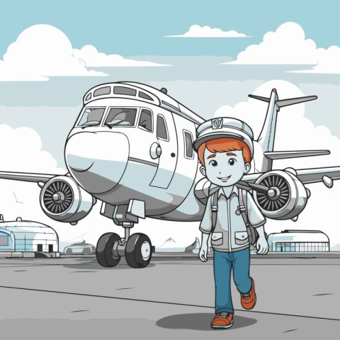 Boy with backpack and airplane on the background of airport. Vec