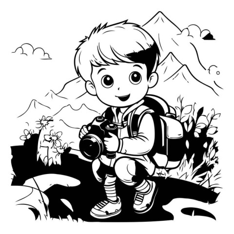 Black and White Cartoon Illustration of Kid with Camera for Colo