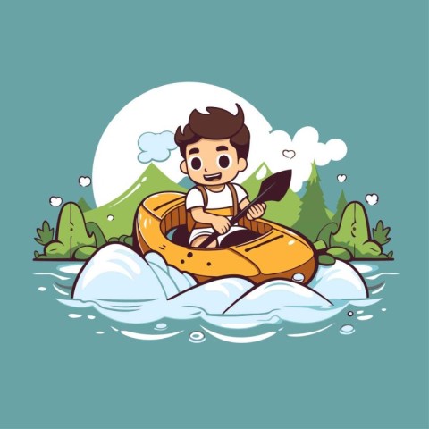 Cute cartoon boy in a kayak on the river. Vector illustration.