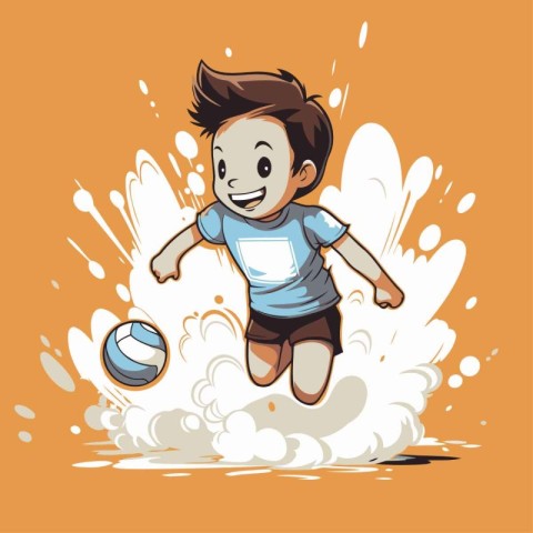 illustration of a boy playing soccer on an orange background wit